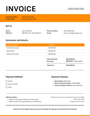 Free  Template: Clean Minimalist White and Orange Contractor Invoice
