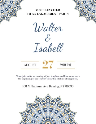 Free  Template: White Blue And Yellow Ornament Engagement Party Invitation