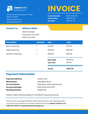 business  Template: Simple Blue and Yellow Cleaning Invoice