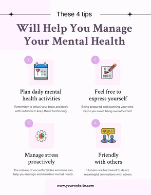 Free  Template: Poster blanc et violet pastel "Tips to Manage Mental Health" (Conseils pour gérer la santé mentale)