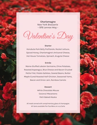 Free  Template: Florales einfaches Restaurant-Menü zum Valentinstag
