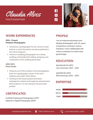 Free  Template: Red And White Bold Professional Photographer Resume