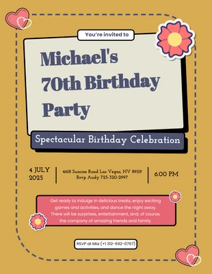 Free  Template: Yellow And Pink 70Th Birthday Invitation