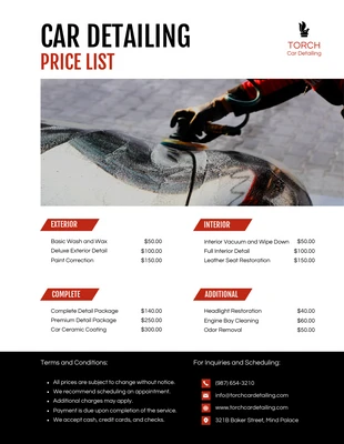 business  Template: قوائم أسعار تفصيلية بسيطة للسيارات باللونين الأحمر والأسود