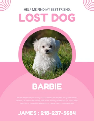 Free  Template: Poster rosa e bianco per cani smarriti