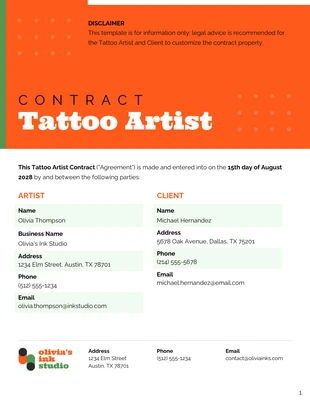 Free  Template: Plantilla de contrato para artistas de tatuajes.