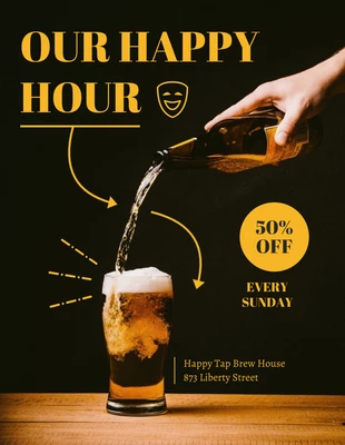 Free  Template: Schwarz und Gelb Minimalistische Happy Hour Bar Flyer