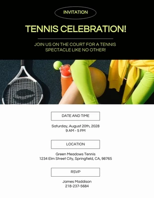 Free  Template: Invitación moderna de deportes de tenis verde y negro