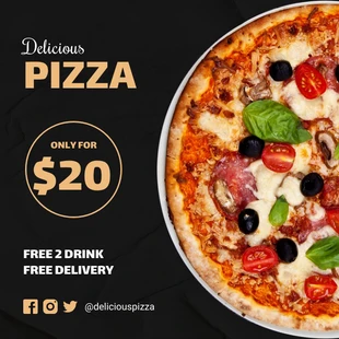 Free  Template: Banner preto simples e minimalista da Delicious Pizza para o Instagram