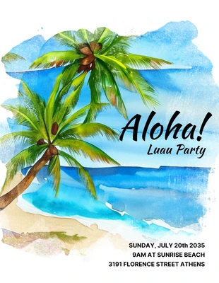 Free  Template: Bianco e blu Illustrazione semplice Invito al luau in spiaggia