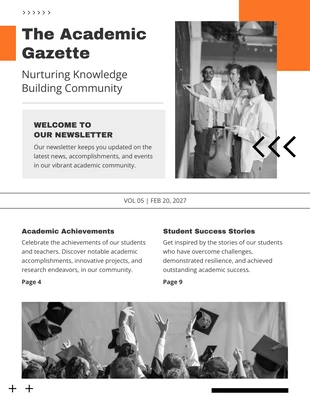 Free  Template: Schul-Newsletter-Design, minimalistisch, Schwarz, Weiß, Orange