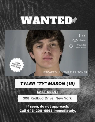 Free  Template: Black and White Wanted Juvenile Prisoner Escape