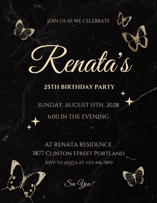 Free  Template: Invito a una festa di compleanno con farfalla di lusso in marmo nero