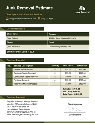 Free  Template: Plantilla de estimación de eliminación de basura