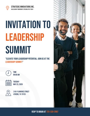 Free  Template: Bianco e arancione pulito minimalista Leadership Summit Invito a un evento aziendale