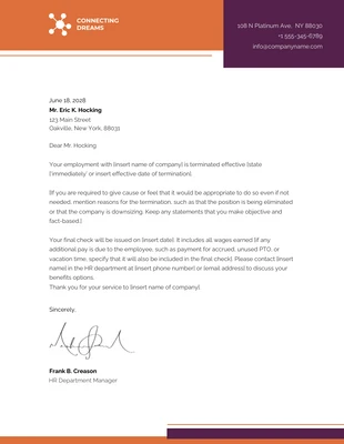 Free  Template: White, Orange & Purple Termination Letter