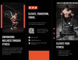 Free  Template: Moderne Tri-Fold-Broschüre für Fitnessstudios in Schwarz, Weiß und Orange