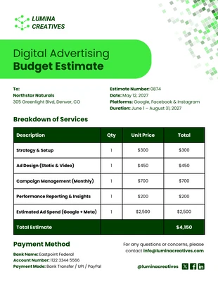 Free accessible Template: Digital Advertising Marketing Budget Estimate Template