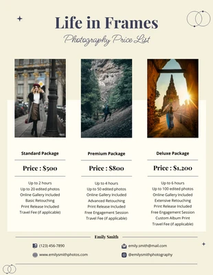 premium  Template: قائمة أسعار المصورين البيج البسيط