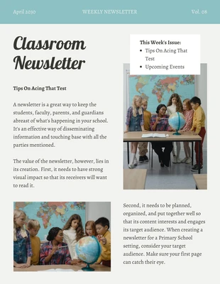 Free  Template: Boletim informativo de sala de aula moderna em cinza claro e verde claro