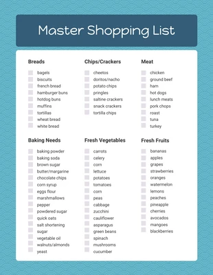 Free  Template: Blue Master Shopping Checklist