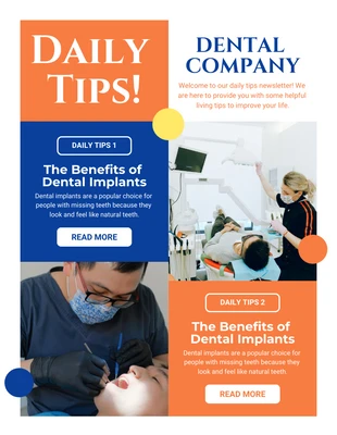 Free  Template: Lettre d'information électronique sur les soins dentaires, bleue et orange, moderne et ludique