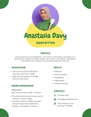 Free  Template: White Green and Yellow Babysitter Resume
