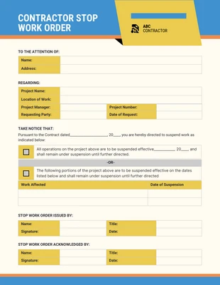 premium  Template: Formulaires simples d’ordre d’arrêt des travaux de l’entrepreneur bleu, orange et jaune