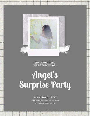 Free  Template: Convite para festa surpresa com colagem de fotos em grade simples branco e cinza