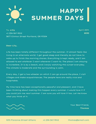 Free  Template: Teal Green And Light Yellow Simple Illustration Business Happy Summer Days Letterhead
