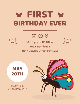 Free  Template: Invitación de cumpleaños de mariposa de ilustración simple marrón claro