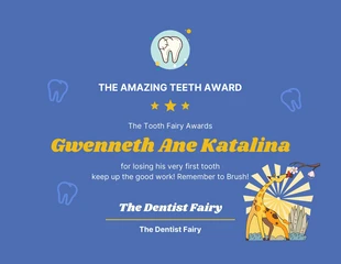 Free  Template: Certificado de hada de los dientes con ilustración minimalista azul y amarilla