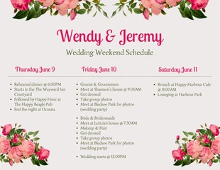 business  Template: Pink Flower Wedding Weekend Schedule