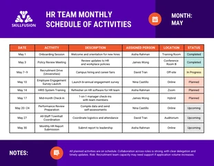 premium  Template: Monatlicher Aktivitätenplan des Teams – Tabellendiagramm