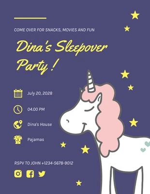 Free  Template: Azul y amarillo lindo juguetón alegre ilustración unicornio fiesta de pijamas Invitación