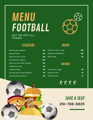 Free  Template: Menus de football simples verts et crème