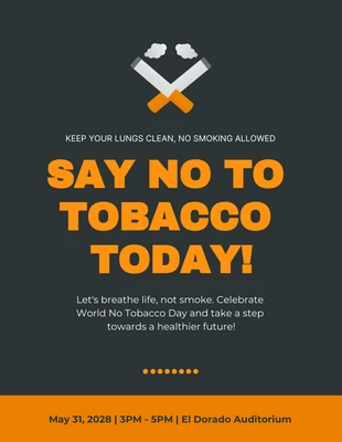 Free  Template: ملصق يوم "قل لا للتبغ" باللون الرمادي الداكن والبرتقالي البسيط