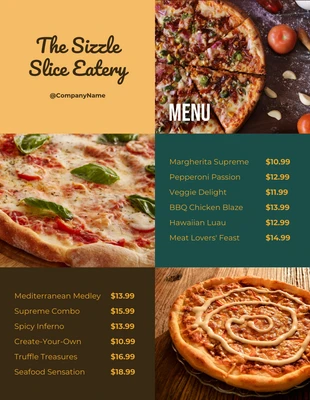 business  Template: Menu de pizza com colagem de fotos modernas, verde amarelo e marrom
