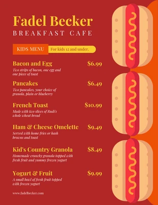 Free  Template: قائمة طعام الإفطار للأطفال ذات الرسم التوضيحي الحديث باللون الأحمر
