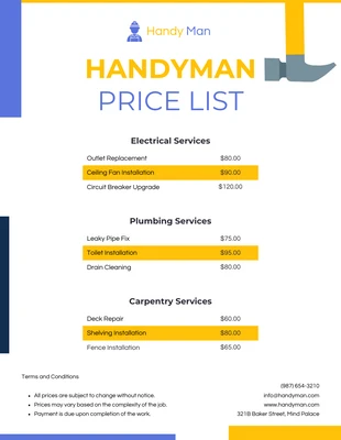Free  Template: Minimalist Clean Handyman Price Lists