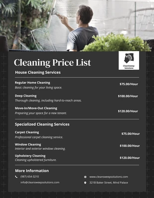 Free  Template: Listas de precios de limpieza Simple Clean Black