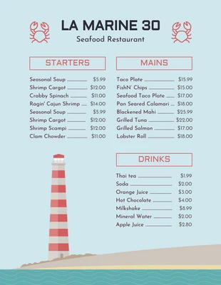 Free  Template: Menu de frutos do mar com ilustração minimalista azul claro