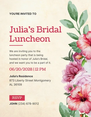 Free  Template: Beige Classic Vintage Floral Bridal Luncheon Invitation