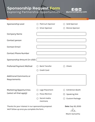 Free  Template: Orange and White Simple Sponsorship Form