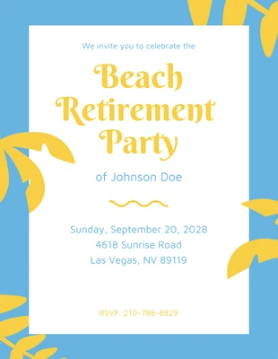 Free  Template: Invitación a la fiesta de jubilación tropical en azul y amarillo brillantes