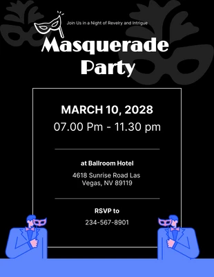 Free  Template: Invitaciones de mascarada de fiesta simple en negro y azul
