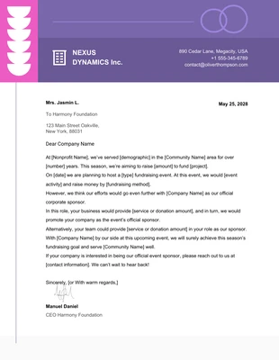 Free  Template: Carta de patrocinio estético púrpura