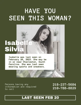 Free  Template: نشرة إعلانية للشخص المفقود باللون الأخضر الداكن