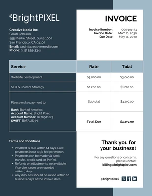 business  Template: Tabela de faturas de serviços comerciais