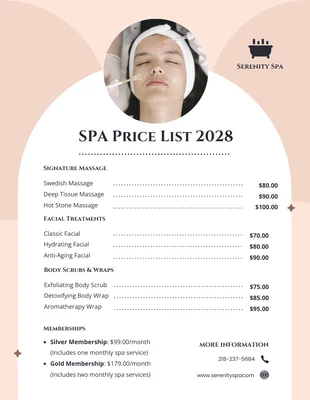 Free  Template: Cream and White Aesthetic Simple SPA Price Lists